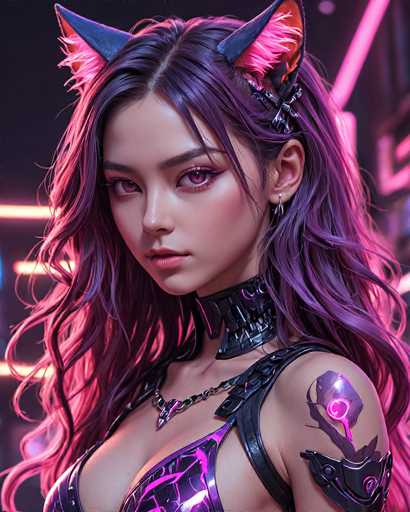 The image depicts a woman with long, dark hair wearing a black and purple outfit that includes a choker necklace and earrings. She is looking directly at the camera with an intense gaze. The background features neon lights and a cityscape, suggesting an urban setting or perhaps a night scene.