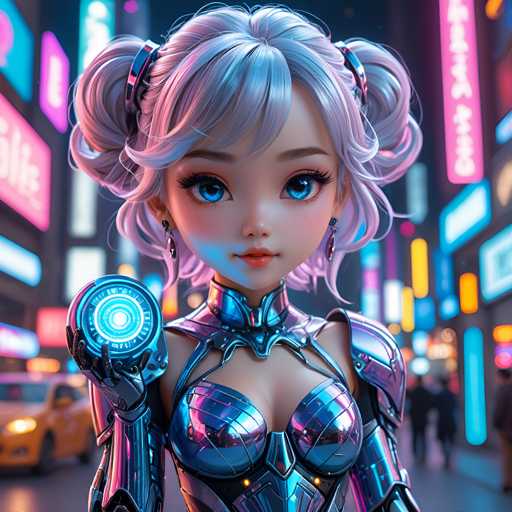 The image depicts a digital illustration of a woman with blue eyes and blonde hair wearing a futuristic silver armor suit. She is holding a glowing orb in her right hand. The background shows a cityscape at night, with neon signs illuminating the scene.