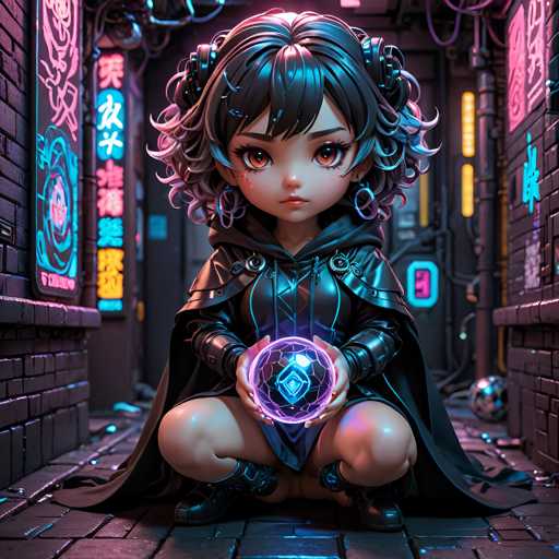 A young girl with dark hair and a black cape is depicted holding a blue crystal ball in her lap. The setting appears to be an urban environment, possibly a city street or alleyway, as indicated by the presence of neon signs and graffiti on the walls.