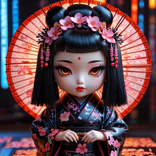 A doll with black hair and a pink flower on her head is the main subject of this image. She is wearing a traditional Japanese kimono that has a floral pattern. The background features a red umbrella and a blue light, creating an interesting contrast against the dark color of the doll's outfit.