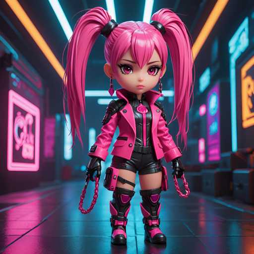 A pink-haired anime character with large eyes and a serious expression stands on a black floor against a neon background of blue and orange lights. The character is wearing a black leather jacket, shorts, and boots, and holding a chain in their right hand.