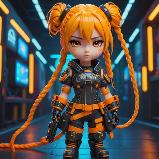 The image shows a 3D rendering of a character with orange hair and black clothing, standing on a gray floor against a blue background. The character is holding an orange gun in their right hand and has a serious expression on their face.