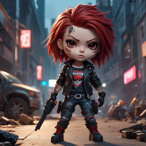 The image depicts a character with red hair and tattoos standing on a city street surrounded by rubble and debris. The character is wearing a black leather jacket, jeans, and boots, and has a gun in their hand.