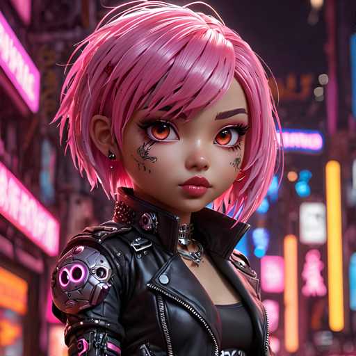 The image shows a close-up portrait of a young woman with pink hair styled into a bob and wearing a black leather jacket over it. The background is a cityscape at night, illuminated by neon lights that create a vibrant and dynamic atmosphere.