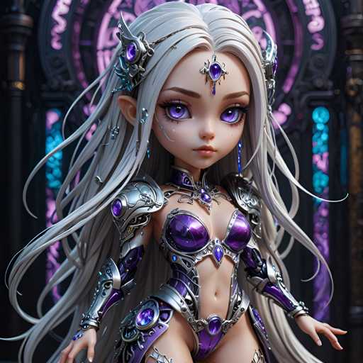 A 3D rendering of a female character with long blonde hair and blue eyes wearing a purple outfit with silver armor and a crown on her head. The character is standing against a dark purple background with gold accents, suggesting an ornate or medieval setting.