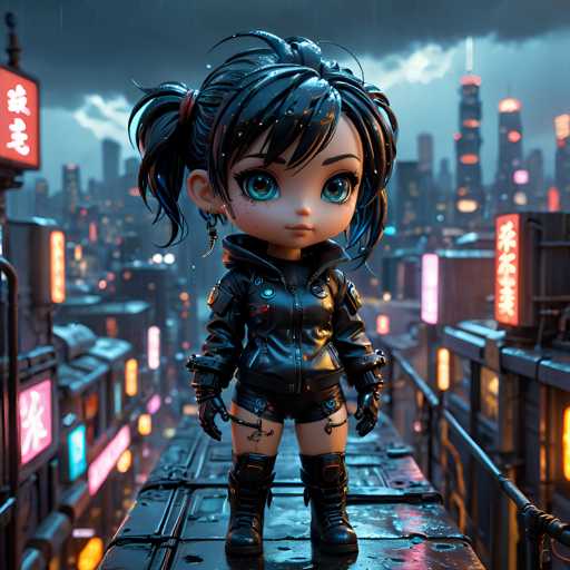 The image depicts a small figurine of a girl standing on a bridge with a city skyline in the background. The girl is wearing a black leather jacket and boots, giving her a futuristic appearance. She has blue eyes and long hair that falls over her shoulders. The city skyline consists of tall buildings illuminated by neon lights against an overcast sky.