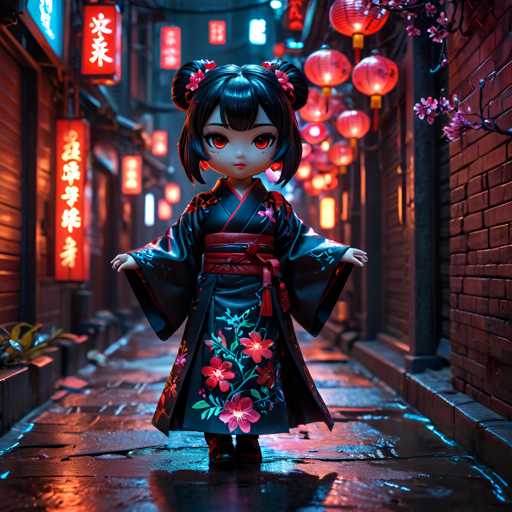 A doll is standing on a wet street at night with red lanterns hanging above her head and pink flowers adorning her dress. The doll has dark hair styled into buns and is wearing a traditional Japanese kimono with a red sash around her waist.