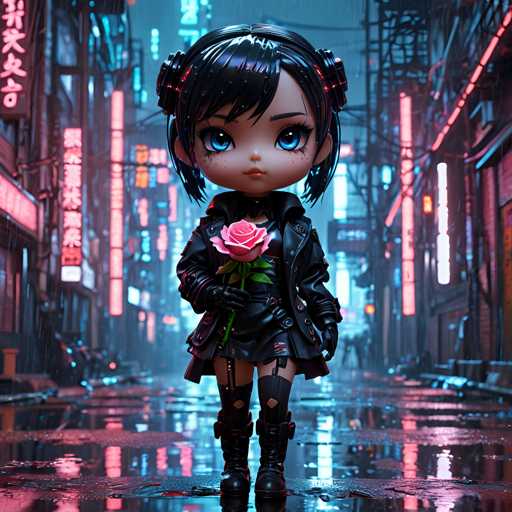 A young girl with black hair and a pink flower is standing on the street holding a rose. She is wearing a black outfit that includes boots and a jacket. The background of the image shows neon lights and buildings, giving an impression of a city at night.