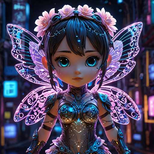 A 3D rendering of a young girl with blue eyes and brown hair wearing a silver armor suit adorned with wings and a crown made of flowers. The background is a cityscape at night with neon lights illuminating the scene.