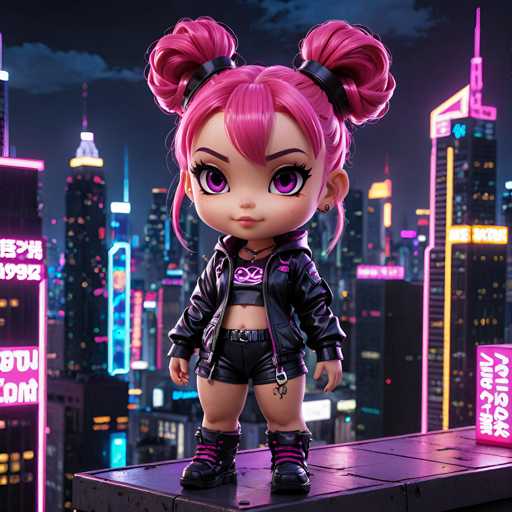 The image shows a small figurine of a girl with pink hair and a black jacket standing on a rooftop at night. The city skyline is visible behind her, creating an urban backdrop for the scene.