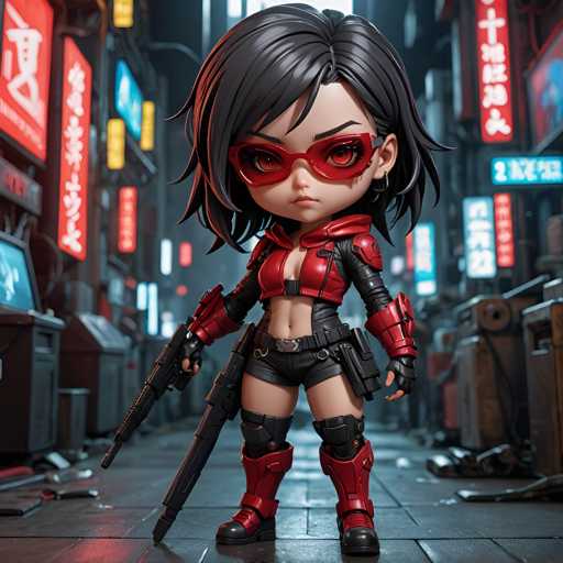 The image shows a 3D rendering of a female character with black hair and red eyes wearing a red outfit that includes a red jacket and shorts. The character is holding a gun in her right hand and has sunglasses on her face. The background features neon signs and buildings, suggesting an urban setting or cityscape.
