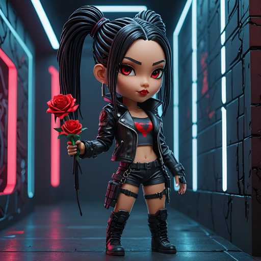 A 3D rendering of a young girl with striking red eyes and long dark hair, dressed in a black leather jacket and shorts adorned with silver buckles, holding two roses in her hands against the backdrop of a futuristic room.
