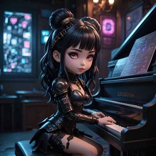 A 3D rendering of a young girl with dark hair and bangs is seated at a black piano, dressed in a black outfit that includes a corset and boots. The girl's face is lit up with a serious expression as she plays the piano, which is positioned against a backdrop of a window adorned with colorful stickers.