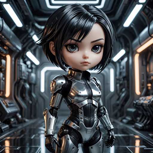 The image shows a 3D rendering of a young girl with dark hair and eyes wearing a silver robot suit. The girl is standing in the center of a futuristic room filled with various machines and equipment, giving an impression of a high-tech environment.