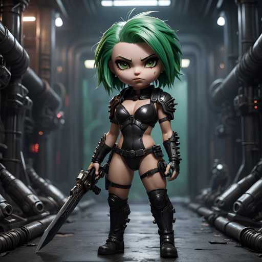 The image depicts a character with green hair and black armor standing in front of a large pipe. The character is holding a sword in their right hand and has a serious expression on their face.