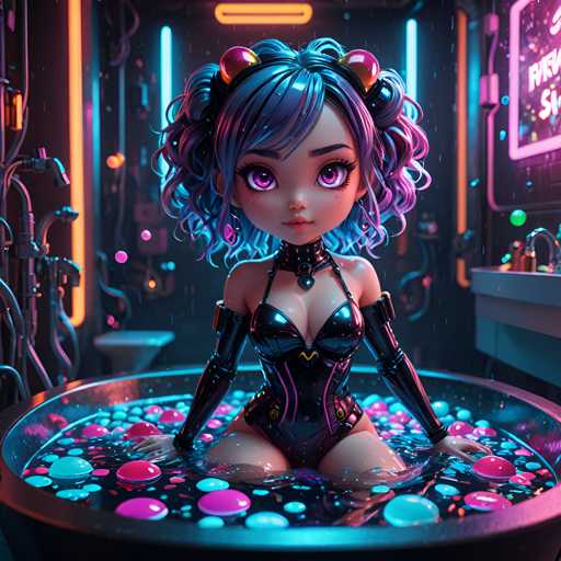 A 3D rendering of a girl with blue hair and black clothes is seated in a bathtub filled with multicolored balls. The girl's face is turned towards the camera, and she appears to be looking at something outside the frame.
