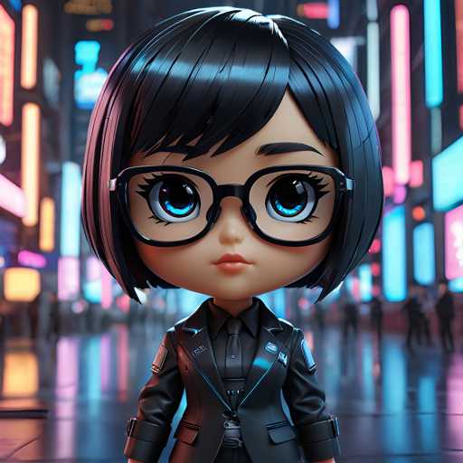 The image shows a close-up portrait of a young girl with black hair and glasses wearing a black suit jacket over it. The background is a cityscape at night, filled with neon lights that create a vibrant and colorful atmosphere.