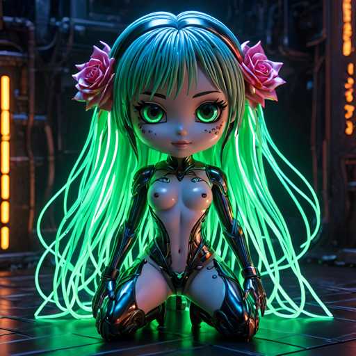 A 3D rendering of a female character with long hair and green skin, wearing black boots and holding a pink rose in her left hand. The character is seated on the ground, facing forward, with neon lights illuminating the scene behind her.