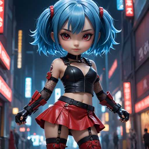A 3D rendering of a blue-haired girl with red eyes and black gloves standing on a city street at night, wearing a red skirt and black boots.