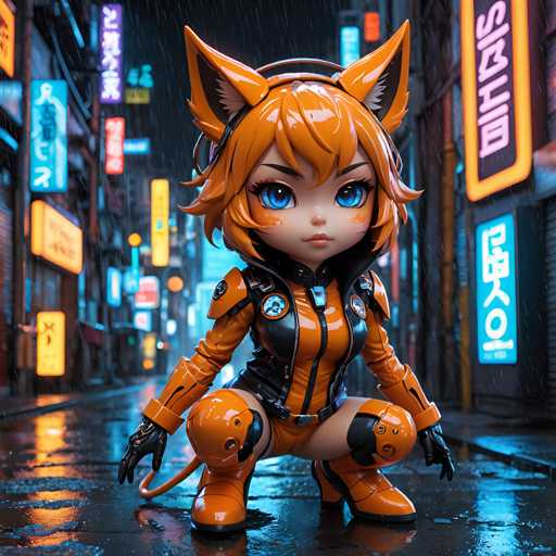 The image depicts an orange cat figurine crouched on its hind legs with a pair of black boots and gloves, positioned in front of a neon sign that reads "B&W" and "D&G". The background is a city street at night, illuminated by the glow of various neon signs.