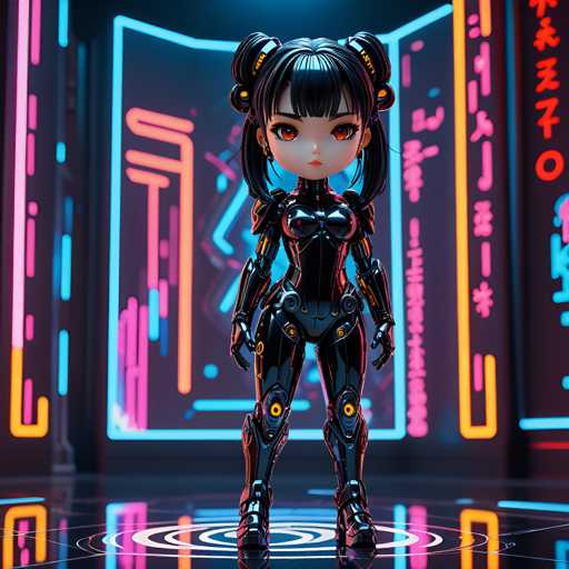 The image shows a 3D rendering of a female character dressed in a futuristic black suit and helmet with red eyes. The character is standing on a platform that has a circular design at the bottom. The background features neon lights and a blue wall with white text.