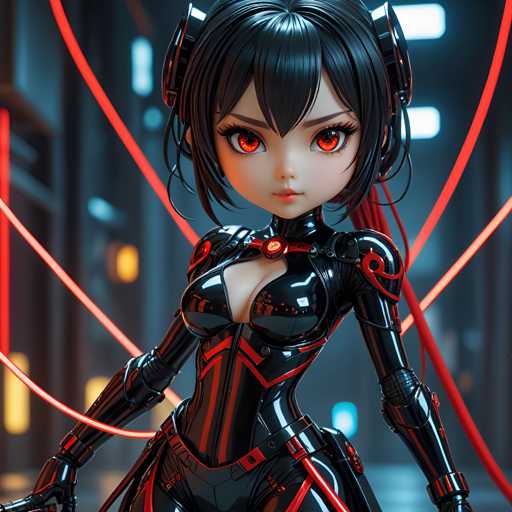 A 3D rendering of a female character with black hair and red accents dressed in a futuristic outfit that includes a helmet and gloves. The character is standing against a dark background with red lines, suggesting an urban or industrial setting.
