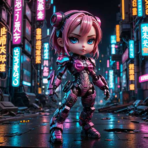 The image depicts a 3D rendering of a female character with pink hair and armor standing on a city street at night. The character is wearing a helmet that has a large camera attached to it, suggesting she may be involved in some form of surveillance or security work. The background features neon signs and buildings, creating an urban atmosphere.