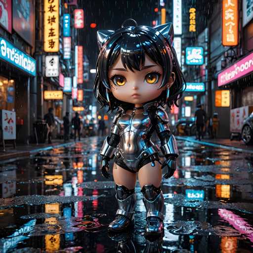 The image depicts a small figurine of a person standing on a wet street at night. The figurine is wearing a metallic outfit and has cat ears. The background shows neon signs and buildings lining the street, creating an urban atmosphere.