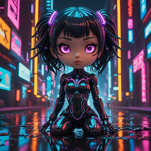 A 3D rendering of a young girl with purple hair and blue eyes, dressed in a futuristic black suit with glowing neon accents, crouched on the ground in front of a cityscape filled with neon signs and buildings.