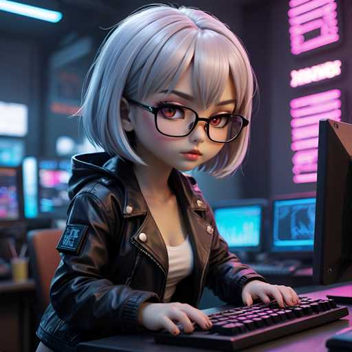 A 3D rendering of a young girl with blonde hair and glasses is seated at a desk, wearing a black leather jacket and typing on a keyboard. The background features a computer monitor displaying the word "XBOX" in pink neon letters against a dark blue backdrop.