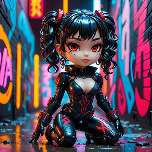 The image depicts a character with black hair and red eyes wearing a black outfit that includes a helmet and boots. The character is kneeling on the ground, facing towards the camera. The background features a graffiti-covered wall with neon lights in shades of pink and yellow.