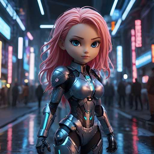 The image depicts a 3D rendering of a female character with pink hair and blue eyes standing on the sidewalk in front of a busy city street at night. The character is wearing a futuristic silver suit that includes a helmet equipped with a camera. The background shows a bustling cityscape filled with neon lights, indicating an urban setting.