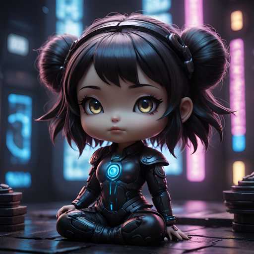 A 3D rendering of a young girl with dark hair and big eyes wearing a futuristic outfit that includes a helmet with a blue light on the front. The girl is sitting cross-legged in front of a neon sign that reads "BAR".