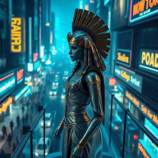 The image depicts a woman standing on a balcony overlooking a busy city street below. She is wearing a metallic costume that includes a headdress and a crown, giving her an imposing presence. The background of the image shows various buildings with neon signs, indicating a bustling urban environment.