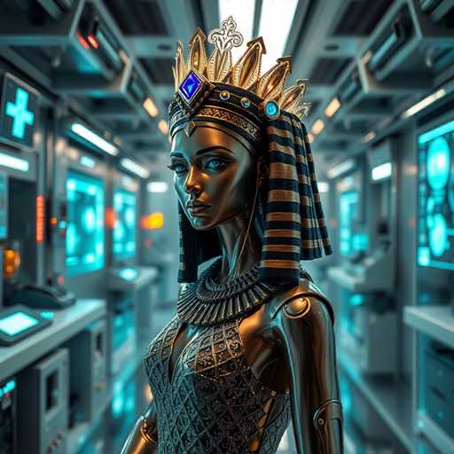 The image depicts a highly detailed, AI-generated scene of a futuristic, metallic robot with a humanoid form, standing in the center of a high-tech, medical facility. The robot, which has a bronze or copper-like metallic finish, features striking blue eyes and a regal appearance, reminiscent of an ancient Egyptian queen. It wears an elaborate headdress adorned with a large blue diamond at the front, flanked by smaller blue and red jewels. The headdress includes a golden crown with spikes and a cobra emblem at the top, and a black and gold striped cloth drapes over its head. The robot's attire consists of a sleeveless, cross-hatched metallic vest, and it has a long, slender neck and thin arms. Surrounding the robot are various pieces of medical equipment, including monitors displaying blue and green images, and a desk with a phone and tablet. The background is slightly blurred, emphasizing the robot as the focal point of the image.