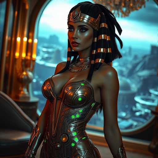 The image depicts a strikingly beautiful woman with dark skin, adorned in an elaborate Egyptian-inspired outfit. Her attire features a metallic, silver breastplate that extends down to her hips, complemented by matching arm guards. Her hair is styled in a traditional Egyptian manner, with black and gold stripes cascading down the sides of her face. She wears a golden headband that adds to her regal appearance. Around her neck, she sports two necklaces: one is a simple chain, while the other is a more elaborate piece with a central pendant. Her lips are painted a vibrant red, and she gazes off to the left. The background reveals a large, circular window through which a cityscape can be seen, suggesting she is inside a grand building. To her left, a golden candelabra with four lit candles adds a touch of opulence to the scene.