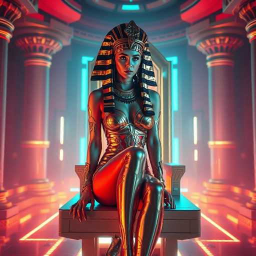 The image depicts a highly detailed, computer-generated scene of a woman resembling Cleopatra, seated on a futuristic throne. She is adorned in a striking gold dress with red accents, complemented by a large, ornate necklace and a golden headpiece featuring black and gold stripes. Her long, black hair flows down to her shoulders, and she has a serious expression on her face. The woman's arms are bare, showcasing intricate tattoos, and she wears a golden glove on her right hand. Her legs are crossed, with her right leg over her left, and she appears to be wearing red pants. The throne she sits on is a blend of modern and ancient styles, with a blue seat and a gold frame. Surrounding her are large, red columns with gold accents, and the floor beneath her is illuminated with neon lights, creating a futuristic ambiance. The background is slightly blurred, emphasizing the woman as the focal point of the image.
