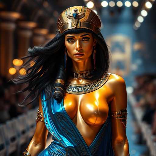 The image depicts a strikingly realistic AI-generated portrayal of a woman who appears to be an Egyptian goddess. She is adorned in a golden dress with a blue sash that elegantly drapes over her right shoulder, leaving her left shoulder bare. Her skin is a radiant golden hue, complementing her long, flowing black hair that cascades down to her waist. A golden headband, embellished with an eagle motif, sits atop her head, adding to her regal appearance. Her face is framed by long, dangling earrings, and a matching golden collar encircles her neck. The background is blurred, but it suggests she is standing in a grand, ornate room with white chairs and a blue floor, possibly a temple or a ceremonial hall. The overall effect is one of timeless beauty and ancient majesty.