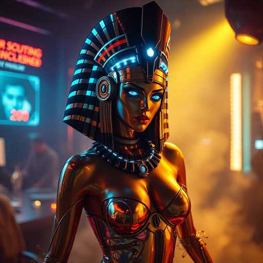 The image depicts a striking, AI-generated female robot with a golden, metallic body. She has a distinct Egyptian aesthetic, featuring a black headdress adorned with blue and red stripes, and a glowing blue light at the front. Her eyes are also glowing blue, adding to her otherworldly appearance. She is dressed in a revealing, metallic bikini top that highlights her chest, and a black choker necklace with a blue gem. The background is blurry, but it appears to be a bar or nightclub setting, with a man seated at a table and a neon sign that reads "scouting enlisted 2000" in the top left corner. The scene is illuminated by various lights, including a yellow light in the top right corner and a white light on the right side, enhancing the futuristic and vibrant atmosphere.