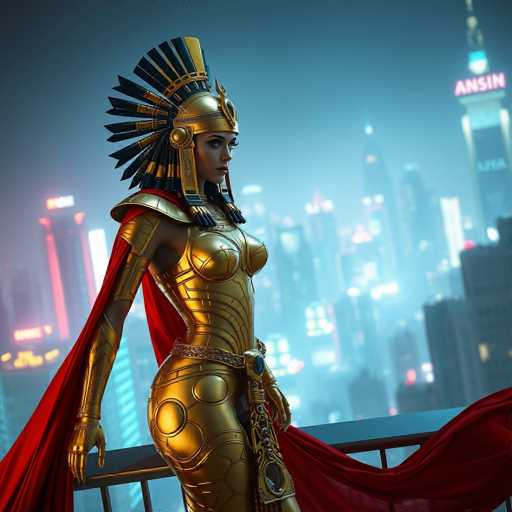 The image depicts a striking scene of a woman standing on a balcony, gazing out over a cityscape. She is adorned in an elaborate gold suit of armor that covers her entire body, including a breastplate, shoulder plates, and a skirt. Her ensemble is accentuated by a red cape that flows behind her, adding a dramatic flair to her regal appearance. Atop her head, she wears an ornate gold headdress resembling a mohawk, with black feathers or spikes protruding from the back, giving her an imposing and majestic look. The woman's long black hair cascades down, framing her face and adding to her overall grandeur. The balcony she stands on features a black railing, and the cityscape in the background is a blur of tall buildings illuminated by various lights, creating a vibrant and dynamic urban backdrop.