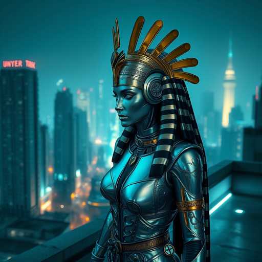 The image depicts a highly detailed, computer-generated scene of a futuristic cityscape at night. Dominating the foreground is a striking female figure, possibly a robot or an alien, adorned in a sleek, metallic silver bodysuit. Her skin is a vivid blue, and she wears an elaborate headdress reminiscent of ancient Egyptian royalty, featuring a silver band with gold spikes and black and gold striped hair. The headdress includes a circular emblem on the side of her head, adding to her regal appearance. She stands on a rooftop, gazing off to the left, with the city's illuminated skyline stretching out behind her. The background showcases towering skyscrapers, some with neon signs, including one that reads "UNTER" in red letters. The scene is bathed in a cool blue light, enhancing the futuristic and otherworldly atmosphere.