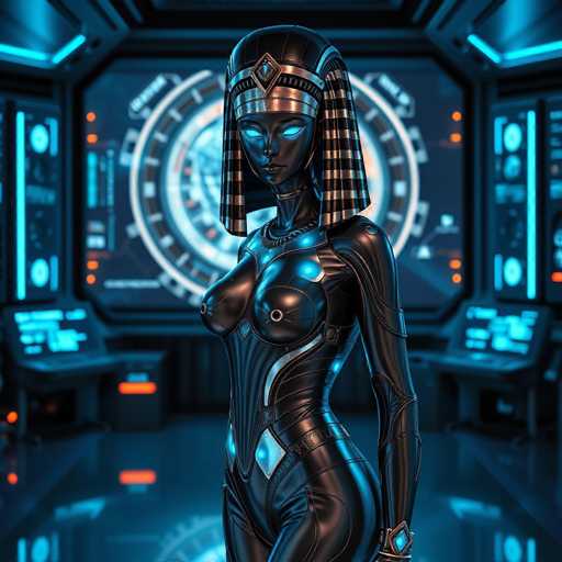 The image depicts a highly detailed, AI-generated scene featuring a futuristic spaceship interior. The background is dominated by a large screen displaying a circular diagram with various markings, surrounded by an array of illuminated panels and buttons. The lighting throughout the scene is predominantly blue, enhancing the high-tech ambiance.

In the foreground stands a striking female figure with an otherworldly appearance. She is adorned in a sleek, black leather bodysuit that accentuates her curvaceous figure. Her eyes are an eerie, glowing blue, and she wears a distinctive headpiece reminiscent of ancient Egyptian royalty. The headpiece features a black crown with a silver band and a prominent diamond-shaped emblem at the front, flanked by black and white striped extensions that drape over her ears.

Her chest is covered by a unique, form-fitting armor that leaves her breasts exposed, with circular openings at the nipples. The armor extends down to her waist, where a diamond-shaped emblem is prominently displayed. Her arms are encased in the same black leather material, and a blue light emanates from her wrist, adding to her enigmatic presence.

The overall composition of the image blends elements of ancient and futuristic aesthetics, creating a captivating and mysterious atmosphere.
