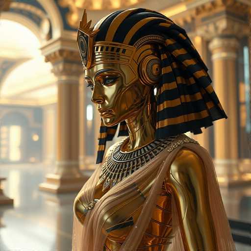 This image features a striking depiction of a golden statue, reminiscent of an ancient Egyptian figure. The statue is adorned with a distinctive headdress that combines black and gold stripes, evoking the iconic style of an Egyptian pharaoh. The headdress is further embellished with a gold crown, adding to the regal appearance. The statue's face is meticulously detailed, showcasing a golden hue with expressive eyes and a defined nose. 

The statue's neck is also golden, seamlessly transitioning into a chest area that is partially covered by a sheer, brownish fabric, revealing the intricate contours of the chest. The arms of the statue are visible, extending down to the waist, where the fabric continues to drape elegantly.

The background of the image is slightly blurred, but it hints at an architectural setting with golden pillars and a reflective floor, enhancing the overall grandeur of the scene. The statue's golden surface is exceptionally shiny, with light reflecting off it, particularly noticeable on the chest area. The headdress features a unique design with a square element at the front, topped with a gold crown, and adorned with black and gold stripes that cascade down the back of the head.