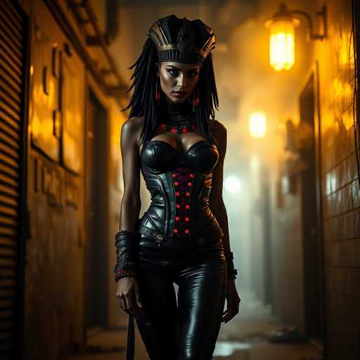 In this captivating image, a woman stands confidently in the center of a dimly lit, foggy alleyway. She is adorned in a striking black leather corset, intricately detailed with red buttons that run down the front. The corset is accentuated by a black leather belt with a prominent gold buckle, cinching her waist. Her attire is completed with sleek black leather pants, adding to her bold appearance.

Her long, dark hair cascades down her back, framing her face which is highlighted by dramatic makeup. She wears a black and gold headpiece that resembles a crown, adding an air of regality to her look. Around her neck, she sports a black choker with a red necklace that features a distinctive black design at its center.

Her wrists are adorned with black leather armbands, and she holds a black strap in her right hand, which could be part of a weapon or accessory. The background is shrouded in fog, with the alleyway's walls appearing brown and gray. On the right side of the image, a yellow light casts a warm glow, while a white light shines from the back, adding depth to the scene. The left side of the image is darker, with a black and gray wall featuring a yellow light. The ground is a muted gray, completing the atmospheric setting.