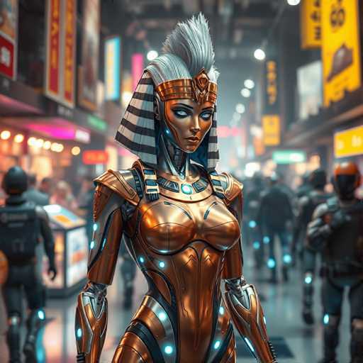 The image depicts a futuristic scene reminiscent of a cyberpunk movie or video game, set in a bustling city street lined with tall buildings adorned with neon signs and billboards. The central figure is a striking female robot, exuding a blend of ancient Egyptian and modern sci-fi aesthetics. She wears a golden headdress with a prominent gold crown, and her face is painted gold with blue accents around her eyes. Her hair is styled in a high ponytail, and she has a metallic neck and shoulders, with her arms appearing to be made of gold and silver. Her torso is clad in a form-fitting, metallic gold bodysuit, complete with a blue glowing light at the center of her chest. Surrounding her are other individuals in dark, futuristic attire, some wearing helmets and glowing blue lights on their bodies, suggesting a high-tech, possibly dystopian environment. The scene is vibrant and detailed, capturing the essence of a cyberpunk world where ancient and futuristic elements intertwine.