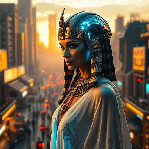 The image depicts a striking, computer-generated scene of a woman standing in the foreground of a bustling city street. She is adorned in an elaborate Egyptian-style headdress, featuring a prominent gold crown with a central horn and intricate blue lights. The crown is flanked by two long, black and gold striped extensions that drape over her shoulders. Her attire includes a white, sheer dress with a deep V-neck, embellished with a gold animal emblem on the front. Around her neck, she wears a large, ornate gold necklace. The background reveals a vibrant cityscape with tall buildings on either side, illuminated by numerous lights and signs, and filled with people and vehicles. The sky above is a mix of gray and blue hues, adding to the overall dramatic and futuristic atmosphere of the scene.