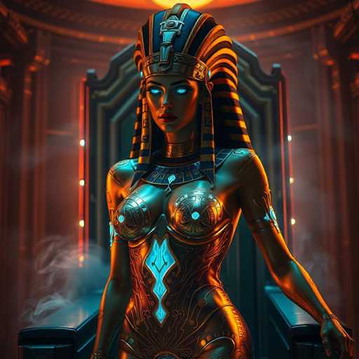 The image depicts a striking, AI-generated female figure with an otherworldly presence. She stands confidently in front of a grand, ornate throne, her right hand resting on its armrest. Her skin is a mesmerizing blend of gold and silver, with her chest area gleaming in a brilliant silver. Her eyes are an intense, glowing blue, and her lips are painted a vivid red, adding to her regal appearance.

Her headdress is an elaborate creation, featuring a gold band adorned with intricate designs. The headpiece itself is predominantly blue, embellished with gold accents that cascade down the sides of her face, resembling a majestic crown. The headdress is further detailed with alternating blue and gold stripes that extend down to her shoulders.

Her attire is equally elaborate, with a dress that combines silver and gold hues. The chest area of the dress is silver, while the rest of the garment shimmers in gold. A striking blue emblem adorns her stomach, adding a touch of mystique to her ensemble.

The background is equally dramatic, with a smoky atmosphere enveloping the scene. The throne she stands before is grand, with a blue base and a gold outline, enhancing the regal and ethereal ambiance of the image.