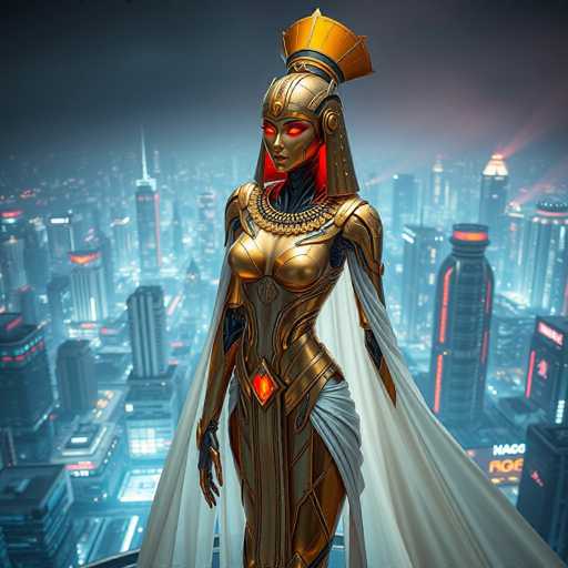 The image depicts a striking, computer-generated female character standing on a rooftop at night, overlooking a futuristic cityscape. She is adorned in a golden, metallic armor that covers her entire body, including a helmet with a distinctive fan-like structure on top. Her eyes glow an eerie red, and her skin is a metallic gray, giving her an otherworldly appearance. A white cape billows behind her, adding to her regal and imposing presence. The background features a sprawling city with towering skyscrapers, some of which have red lights atop them, casting a warm glow over the scene. The night sky is dark, emphasizing the illuminated city and the character's glowing features. The overall composition suggests a scene from a video game or a piece of digital art, blending elements of science fiction and fantasy.