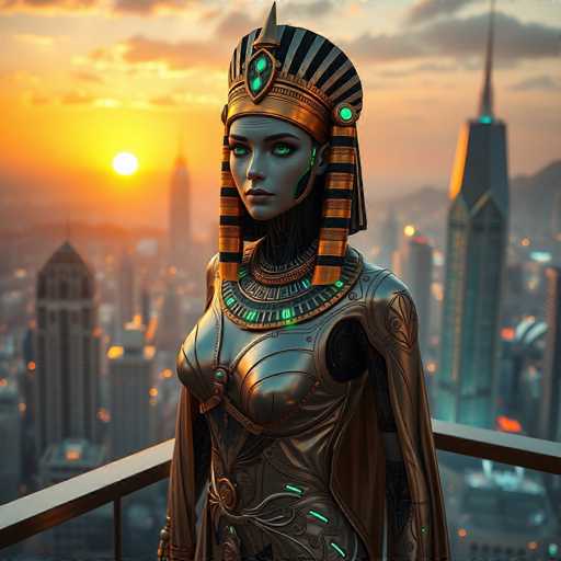 The image depicts a highly detailed, computer-generated scene of a futuristic cityscape at sunset. Dominating the foreground is a striking female robot, adorned in a metallic gold and silver outfit with intricate designs. Her skin is a dark gray, and she has piercing green eyes. She wears an elaborate headdress featuring a gold band with black and gold stripes, and a central jewel with green stones. Her attire includes a breastplate and a cape, with glowing green accents on her chest and neck. The robot stands on a balcony, gazing out over the city.

In the background, the cityscape is filled with towering skyscrapers, some with pointed tops and others with flat roofs, all illuminated by the setting sun. The sky is a blend of orange and blue hues, with clouds tinged in orange. The sun is positioned on the left side of the image, casting a warm glow over the entire scene. The overall atmosphere is one of a high-tech metropolis, possibly reminiscent of a setting from a video game or a science fiction movie.