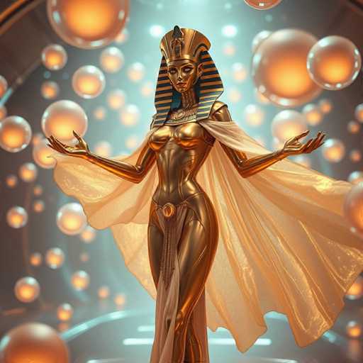 This image depicts a highly detailed, AI-generated representation of an Egyptian goddess, possibly Isis or Hathor. The figure is a golden statue with a strikingly realistic appearance, characterized by a long, slender neck and a regal headdress adorned with black and gold stripes. The statue's arms are extended outward, palms facing up, giving it a serene and powerful stance. A sheer, white cape drapes elegantly from her shoulders, adding to her divine aura. The background features a gradient of grayish-blue hues, illuminated by numerous glowing orange orbs that resemble bubbles, creating a mystical atmosphere. The overall composition is square-shaped, with the statue positioned centrally, making it the focal point of this captivating digital artwork.